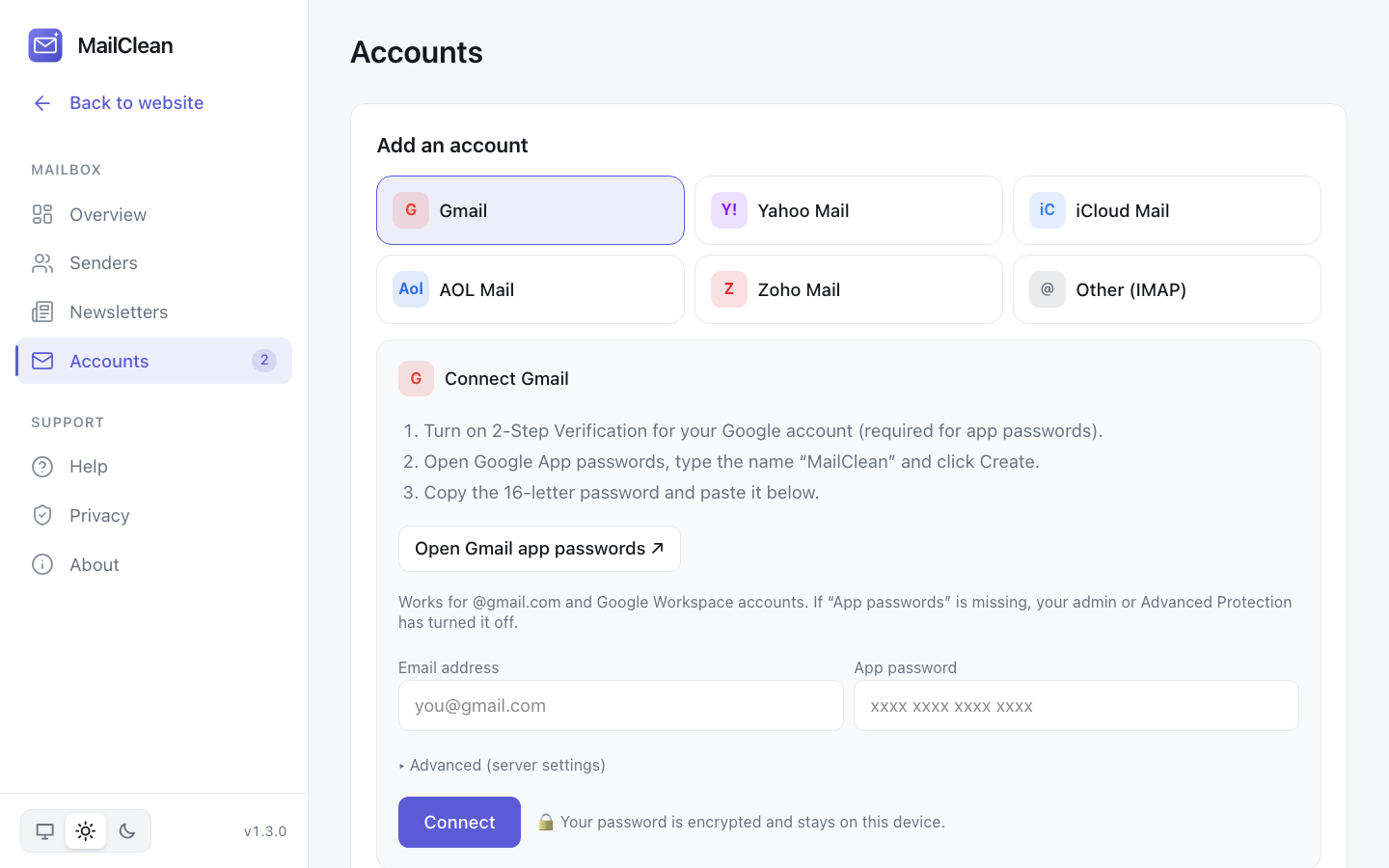 Add account screen with provider picker and app-password steps